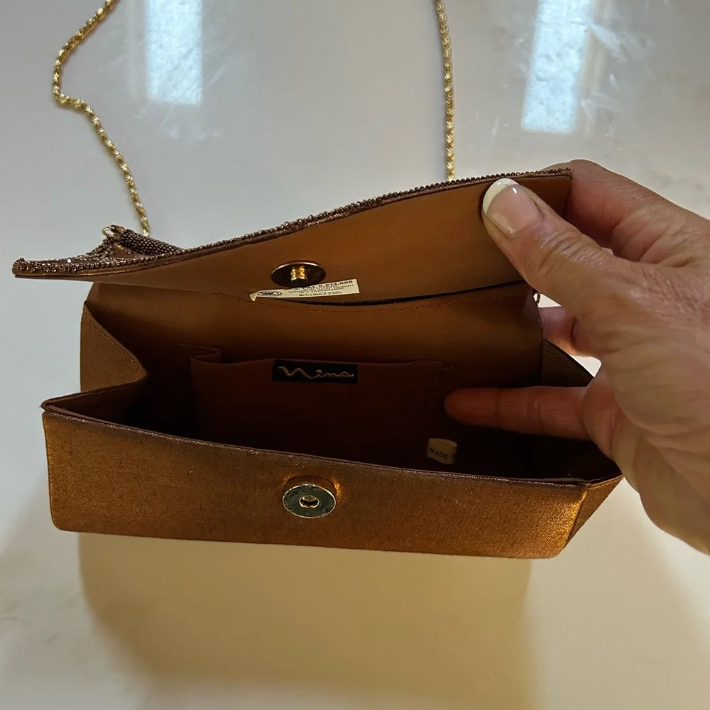 Nina Brown Velvet Beaded Flap Clutch with Gold Chain
